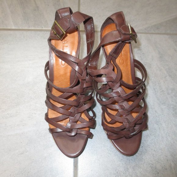 LAST CHANCE ALDO Brown Leather  Strappy High Heel Platform Sandals - Picture 10 of 11